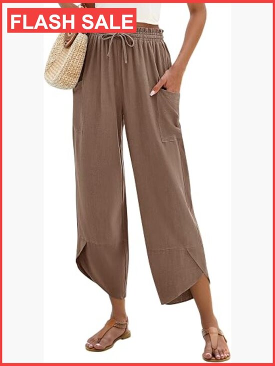 Pants - Boho Wide Leg Linen Capri Pants Women Summer Palazzo Drawstring